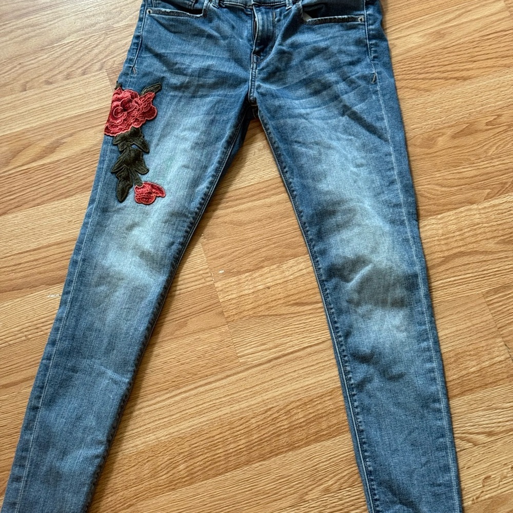 Express Blue and Red Skinny Jeans with Floral Embroidery